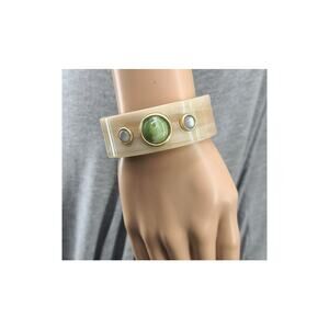 Acrylic Resin Hinge Cuff Bracelet Gold Bezel Set Green & Smokey Gray Cabochons